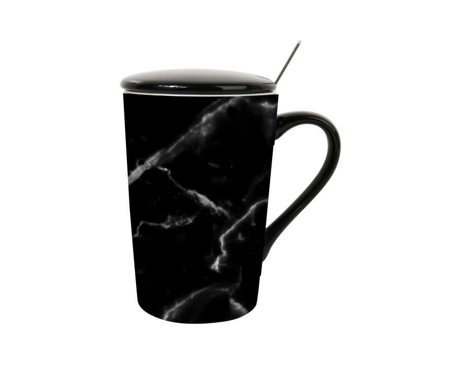 Керамическая чашка с крышкой и ложкой Black and White Series (380 мл)